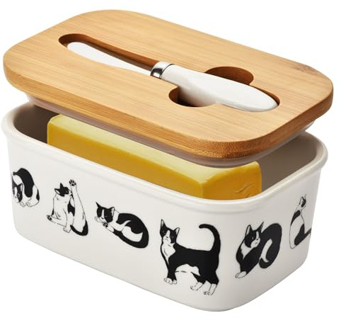 Large Butter Dish with Lid for Countertop,Cute Cats Ceramic Covered Butter Holder with Knife for Fridge, Airtight Butter Keeper Container Storage for East West Coast Butter,White