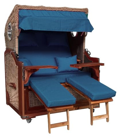 Webavita Strandkorb Bali Teakholz | 2,5-Sitzer | Montiert | Geflecht Grau | Bezug Stahlblau | Halblieger | Beach Chair für den Garten Terrasse Balkon