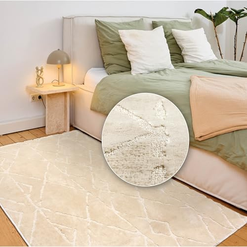 Astra Moderner Teppich Wohnzimmer, Schlafzimmer - Weiches Flachgewebe für Innen - Flauschiger Kurzflorteppich Lou - Teppich Rauten Creme, 200 x 280 cm