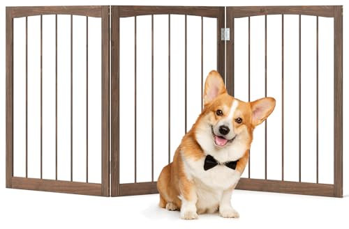 COSTWAY Barra para Perros Plegables, Barrera de Seguridad para Interiores, Separador de Habitaciones de 3 Paneles Plegable y Autoportante para Mascotas Pequeños y Medianos (Marrón)