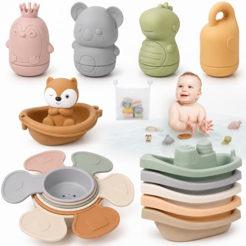 SaiXuan Badleksaker för Baby från 1 År, 17-delars BPA-fria Silikon Badleksak Set med 4 Sprutdjur, 6 Stapelkoppar, 5 Båtar, Räv-Båt & Nätpåse 37×47 cm – Vattenleksaker för Bad & Dusch
