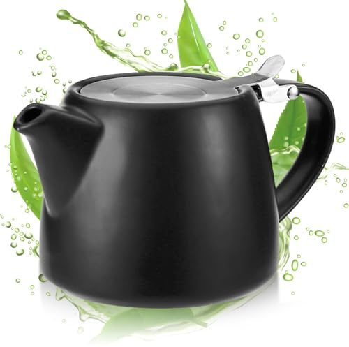 Teekanne mit Siebeinsatz 500ml, Keramik Teekanne Schwarz mit Herausnehmbarem Edelstahl-Teesieb, Porzellan Teekannee für Losen Tee und Teebeutel