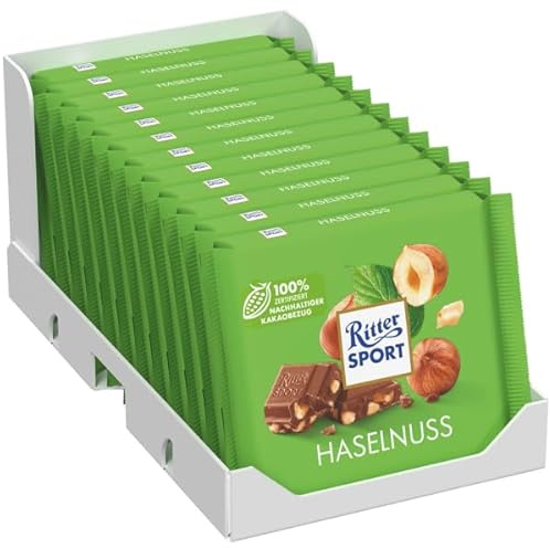 Ritter Sport Haselnuss, knackige Vollmilchschokolade mit ganzen gerösteten Haselnüssen, unverwechselbar nussig & cremig, perfekt zum Naschen und Genießen, Geschenkidee, 12 x 100 g