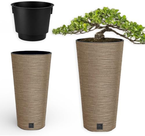 FEINZ Vaso Da Fiori In Legno ECO 25x48 cm, Naturale, Alta Stretta | Con Inserto Effetto Legno, Per Interni/Esterni, Resistente Intemperie, Boho Moderno