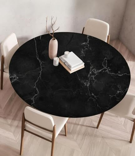 Highdi Tischdecke Abwaschbar Rund 110cm, Elastisch Schwarz Mármol Druckbar Tischdecke Outdoor Lotuseffekt Tischdecken Table Cloth für Garten Restaurant, Ideal für 100cm-105cm