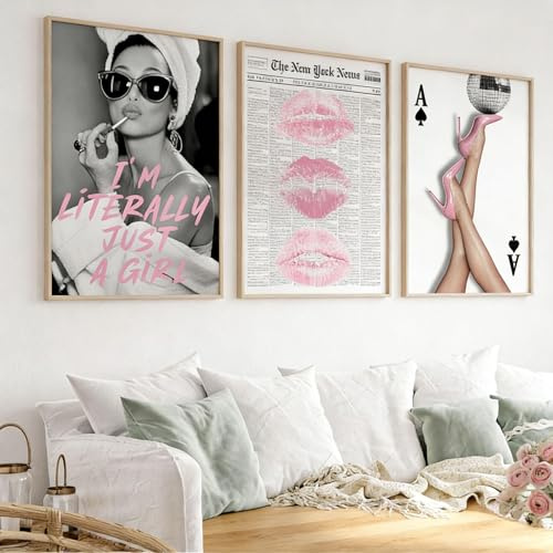 JORCEDI 3er Pink Vogue Poster Set Retro-Y2K-Pink-High Heels,modische Frauen, verführerische Lippen Im Preppy-Stil für Wohnzimmer, Schlafzimmer, Ankleidezimmer, dekoratives,ungerahmt (30 * 40cm)