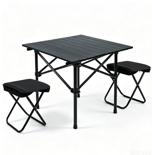 Mrilary Campingtisch Klapptisch, Campingtisch Faltbar mit 2 Klappstühle | Campingtisch Klappbar mit Tragetasche, Camping Tisch mit stühlen für Picknick Grillen Garten Balkon, 53x53x50 cm