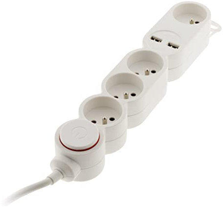 Zenitech Bloc Home 4 prises 16A 2P+T + 2x USB 2,1A avec interrupteur et fiche extraplate Blanc câble HO5VV F 3G1 1,5m
