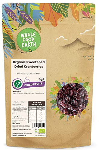 Wholefood Earth - Mirtilli rossi secchi biologici dolcificati, 1 kg, senza OGM, vegani, fonte di fibre, certificati biologici