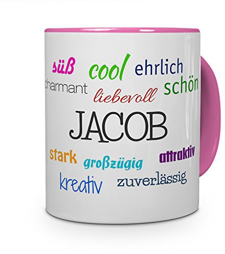 printplanet Tasse mit Namen Jacob - Positive Eigenschaften von Jacob - Namenstasse, Kaffeebecher, Mug, Becher, Kaffeetasse - Farbe Rosa