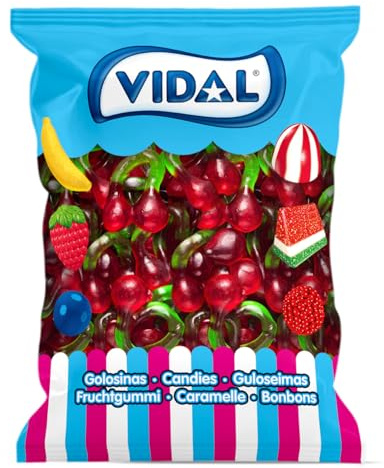 Vidal Golosinas. Cerezas Gigantes. Golosinas en forma de cereza tamaño XL con sabor auténtico a cereza, textura brillante y blandita. Sin gluten ni grasa. Bolsa 1 kg