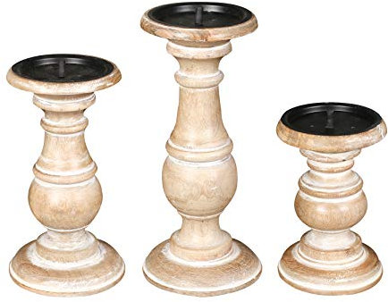 The Wooden Town Kerzenhalter Ständer Holz, Unity Kerzenhalter, abgerundete gedrehte Säulen, Landhausstil Leerlauf Geschenk für Hochzeit, Party, Zuhause, Spa, 10.8.6 Zoll 3er Set, Weiße Waschung