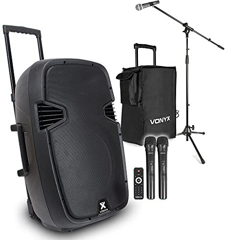 Vonyx SPJ-PA915 15 Inch Portable PA System - 700W Battery Powered Active Bluetooth Speaker Set with UHF Wireless Microphones, Wired Mic, Stand & Carry Bag, Trolley for Buskers, Events & Fitness