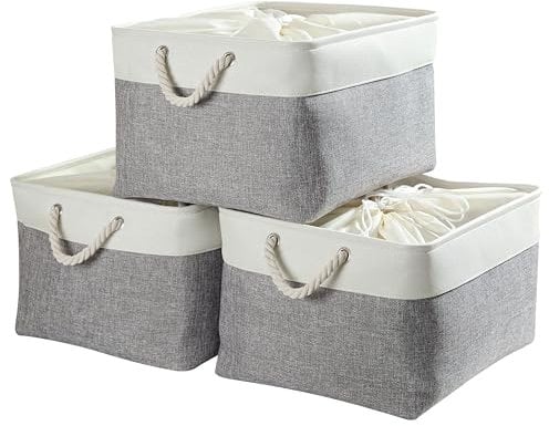 Mangata 3 Stück aufbewahrungskorb Stoff, aufbewahrungsbox groß Schrank, Korb aufbewahrung Stoff mit Seil für Spielzeug, kleiderschrank, Regale, Kleidung (Faltbare,XXL, Grau Weiß)