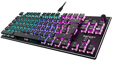 Roccat Vulcan TKL - Clavier de jeu mécanique compact RGB, rétroéclairage AIMO LED touche par touche, interrupteurs linéaires Titan, plaque supérieure en aluminium, molette multimédia, noir