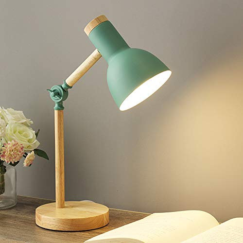 ChaoZan lampada da scrivania in legno dal design moderno - E27 - con supporto - lampada da tavolo retrò con braccio snodato regolabile - lampada da comodino vintage-lampada da studio-verde