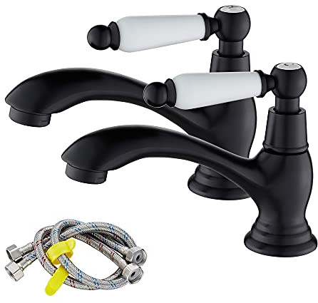 Victorian Bathroom Basin Pillar Taps, A Pair of Sink Tap with Ceramic Lever | Traditional Faucet for Washroom, 1/4 Turn, Retro Style, Flexible Hoses, Solid Brass, Matte Black