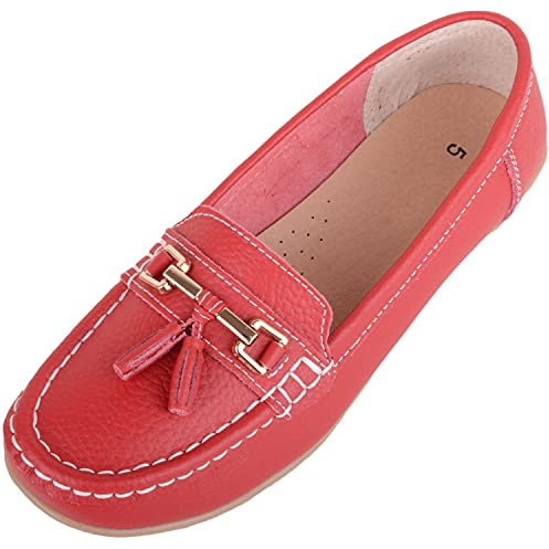 ABSOLUTE FOOTWEAR Womens Slip On Leather Loafer/Deck/Boat Shoes, Dark Red, UK 7