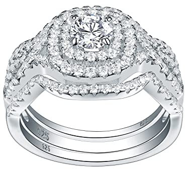 DJMJHG 3 Stück Eheringe Set Für Frauen 925 Sterling Silber Brilliant Cz Verlobungsring Mit 2 Bändern Schmuck 6