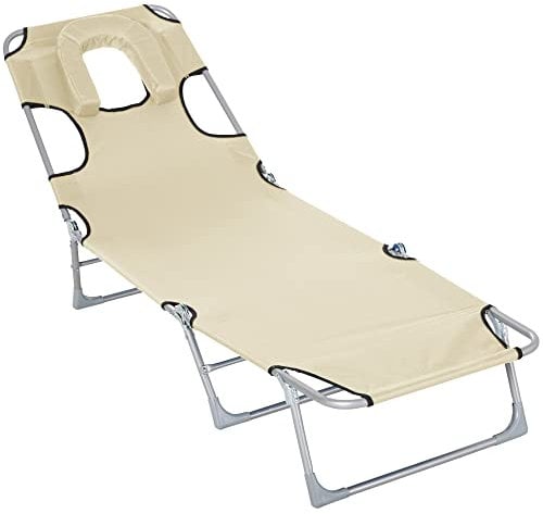 Outsunny Tumbona Reclinable y Plegable de Jardín con Orificio de Lectura Reposacabezas y Respaldo Ajustable en 5 Niveles para Playa 182x56x28 cm Beige