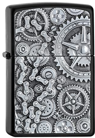 ZIPPO –– Steampunk Box-Motiv – Black Matte – Emblem Attached – Sturmfeuerzeug, nachfüllbar, in hochwertiger Geschenkbox