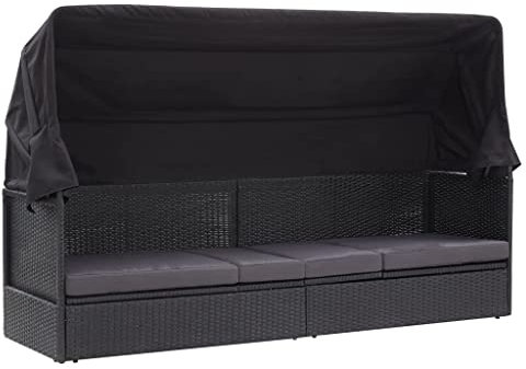 IMIEE Gartensofa mit Sonnendach Sonnenliege Gartenliege Lounge Gartenbank Gartenbett Sofa Gartenmöbel Liege Relaxliege Sofabett Poly Rattan (Schwarz), 205 x 62 x 124 cm