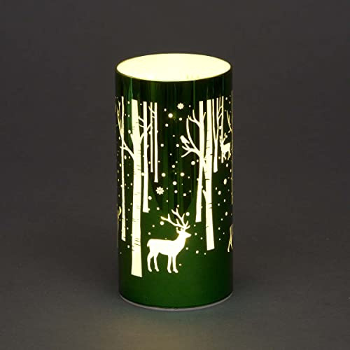 SHATCHI 18cm Christmas Decorated Vase Table Lamp Etched Glass Tube Deer Scene Green Cylinder LED Fairy Lights Battery Operated