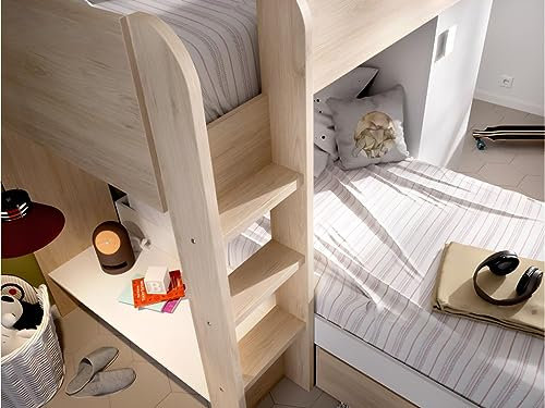 Vente-unique - Etagenbett Ricardo wendbar ñ 2 x 90 x 190 cm ñ integrierte F‰Cher ñ Eiche und Weiﬂ + Matratze