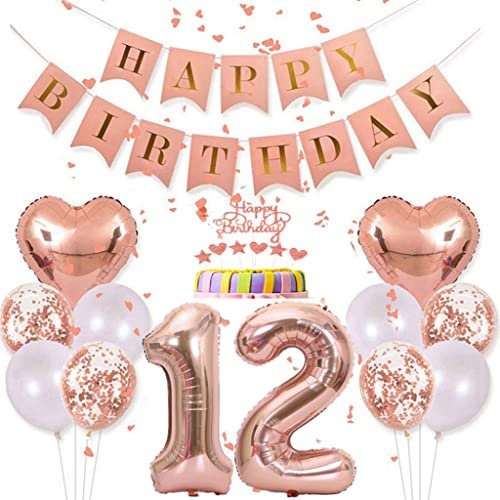 Conruich Deko 12. Geburtstag Mädchen, Rosegold Tortendeko Geburtstag 12 Jahre Mädchen, Geburtstagsdeko 12 Jahre Mädchen, Ballon 12 Geburtstag Mädchen, Happy Birthday Banner Deko 12 Geburtstag Mädchen