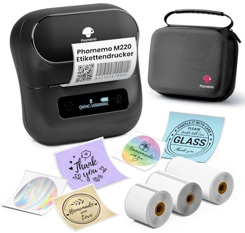 Phomemo M220 Etikettendrucker, Bluetooth Thermo Etikettenmacher,Tragbarer Etikettiergerät für Kleinunternehmen,Haushalt,Schule,Aufkleber Drucker mit 3 Rollen Selbstklebend Etiketten und 1 Etui