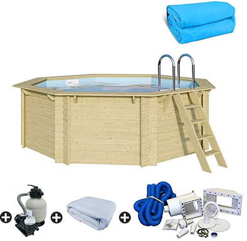 Piscina de madera octágono – Incluye escalera de madera maciza de acero inoxidable, sistema de filtro y bomba, cubierta interior, 4,70 x 4,70 x 1,24 m, color azul