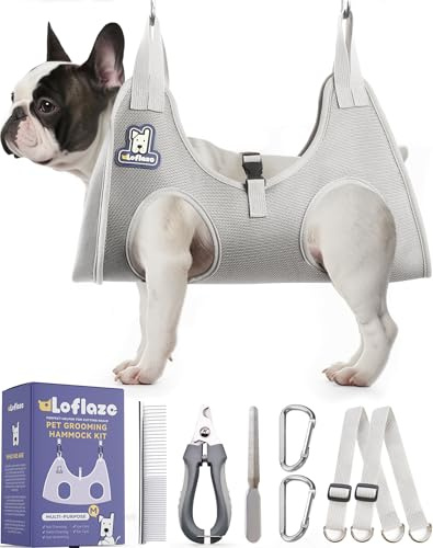 Loflaze Dog Grooming Hammock Harness for Dogs & Cats with Pet Nail Clipper Trimmer - Cat Hanger Sling for Trimming Clipping Nails- Dog Hammock Restraint Bag for Small Medium Large pet （ Grey M）