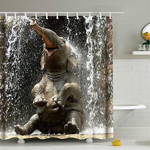 Momooda Anti Schimmel Duschvorhang Elefantenmuster, Wasserdicht Waschbar Duschvorhänge mit beschwertem Saum und Haken für Badezimmer, Lustiger Elefant, 180x200