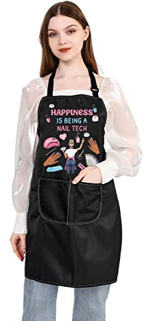 PLITI Unisex Polyester Apron for Nail Technicians, 'Happiness Nail APU' Design, Lightweight, Waterproof, 2 Pockets, Adjustable Strap, M, Apron