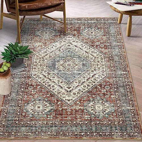 LuxFocus Tappeto lavabile in lavatrice, per soggiorno, effetto invecchiato, design medaglione, grande, per camera da letto, sala da pranzo, antiscivolo, a pelo medio, marrone, 120 x 170 cm