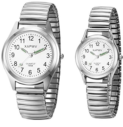JewelryWe 2pcs Paar Uhren Analog Quarz Partner Freundschaft Armbanduhr Elastisch Metall-Armband Ultradünne Uhr mit Beleuchtenden Zeiger, Geschenk für Herren Damen, Silber