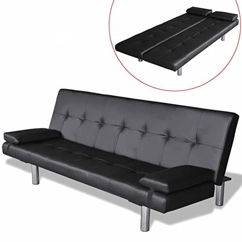 Homgoday Schlafsofa mit 2 Kissen aus Kunstleder, verstellbar, Schwarz, Schlafsofa, Wohnzimmer, Sofa, Modernes Sofa