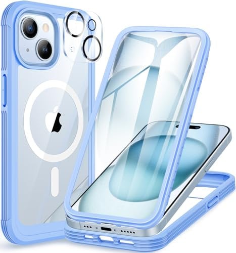 CENHUFO Magnetic Compatibl with iPhone 15 Case and Magsafe, Built-in Glass Screen Protector with Camera Lens Protector, 360°Full Body Heavy Duty Protective Phone Case for iPhone 15 6.1 Inch -Blue