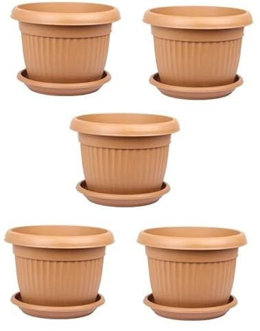 Jolie Max Flower Plant Pot with Saucer. Round Plastic Planter Pot. Garden Planters. Ideal for Gardens, Balconies, and Indoor. (Terra Cotta - Pack of 5)