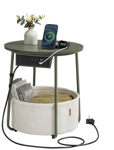 VASAGLE Side Table with Charging Station, Round End Table with Power Outlets, USB Ports, Fabric Basket, Living Room, Bedroom, Bedside Table, Modern, Forest Green and Cream White LET228C06