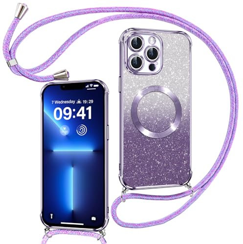Phoona Handyband Hülle für iPhone 13 Pro mit Band [kompatibel mit MagSafe], Luxuriöse Glitzer Beschichtung Magnetische Handyhülle für iPhone 13 Pro Silikon TPU Stoßfest Schutzhülle, Lila