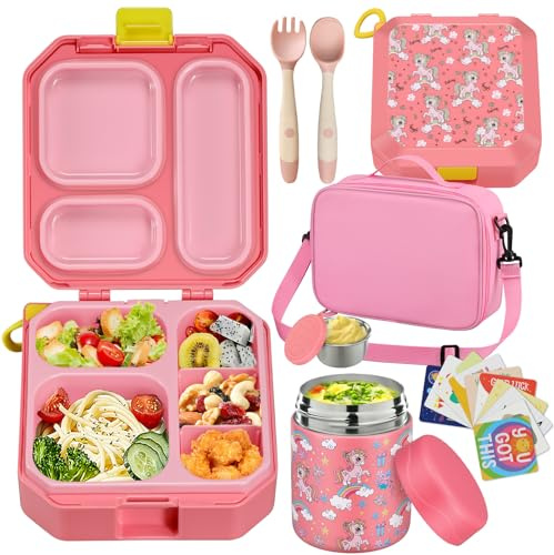 wiwens Bento-Lunchbox für Kinder mit 340 ml Suppe, auslaufsicherer Thermobehälter mit 5 Fächern, Thermobehälter für heiße Lebensmittel und isolierte Lunchtasche für Kinder, Kleinkinder, Mädchen