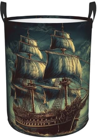 Laundry Basket Hamper Nautical Vintage Sailing Pirate Ship Waterproof Dirty Clothes Hamper Collapsible Washing Bin Clothes Bag with Handles Freestanding Laundry Hamper for Bathroom Bedroom Dorm Travel