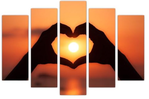 AREDE Set di 5 Stampe da Parete Quadri Moderni Decorazioni da Muro per Casa Soggiorno Camera da Letto e Cucina Tramonto e segno dell'amore con la mano| 120 x 80 cm | Pronto da appendere
