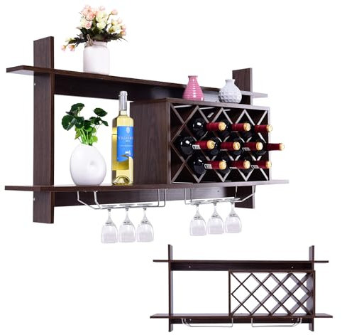 KOMFOTTEU Porte-bouteilles mural pour 10 bouteilles, étagère à vin suspendue avec supports pour verres, support mural en bois, pour cuisine, cave à vin (marron, 120 x 58 x 20 cm)