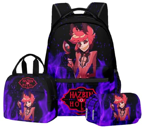Jilijia Hazbin Lot de 3 sacs à dos pour hôtel, boîte à crayons, sac à bandoulière Alastor/poussière d'ange/Charlie Morningstar avec impression 3D pour ordinateur portable, Type 1, 43x30x16cm