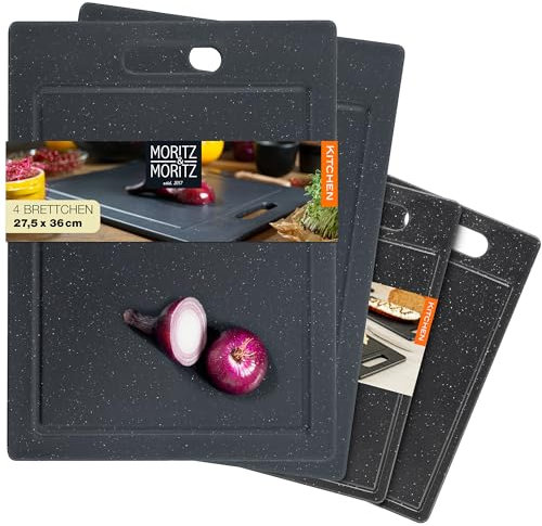 Moritz & Moritz 4x Schneidebrett Kunststoff Set in 2 Größen - Schneidebretter BPA frei - Küchenbretter Granitoptik - Cutting Board mit Antirutschfüßen, Eingriffsöffnung - Schneidebrett mit Saftrille