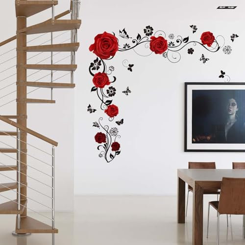 Wandtattoo, Rote Rosen Wandtattoo, Rose Blüten Wandaufkleber, Aufkleber Wanddekoration, Aufkleber-Wandkunst-Dekoration, Dekoration Sticker, Geeignet für Wohnzimmer, Schlafzimmer, Zuhause, Rot