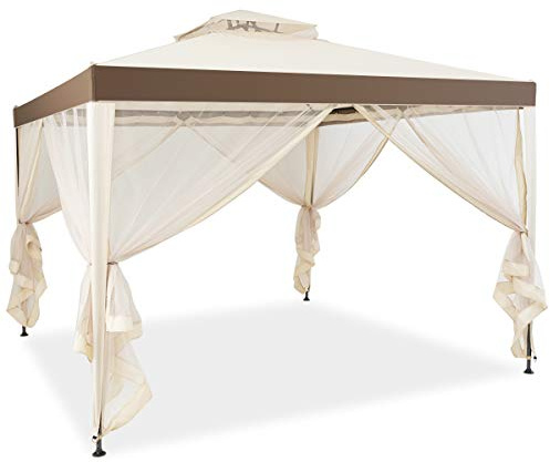 KOMFOTTEU 3x3m Pavillon mit Doppeldach (Beige) | Partyzelt mit Vorhang, Seitenteilen und Netz, wasserdichtes Metall-Festzelt für Garten, Terrasse und Hof
