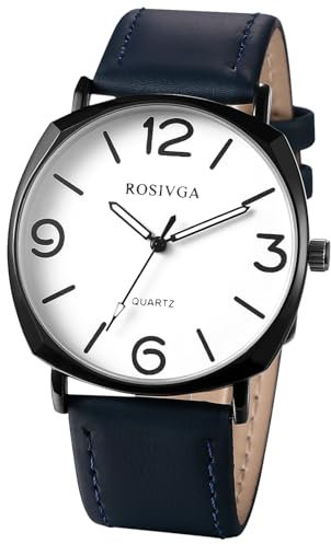 JewelryWe Herrenuhr Blau Leder Uhr: Klassische Einfache Analog Quarz Armbanduhr Herren PU Lederarmband Geschäft Lässige Uhr mit großen arabischen Zahlen rundem Zifferblatt